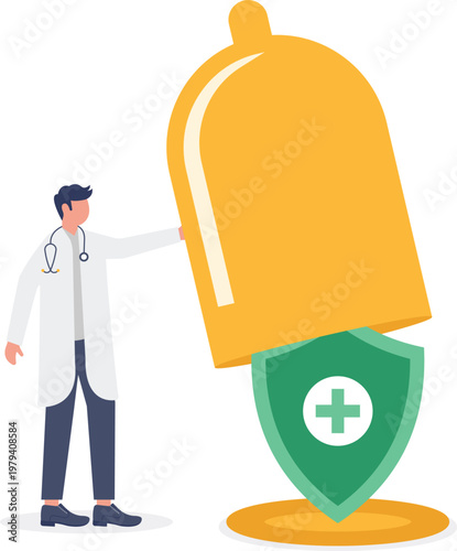 Doctor holding a shield next to a giant capsule pill