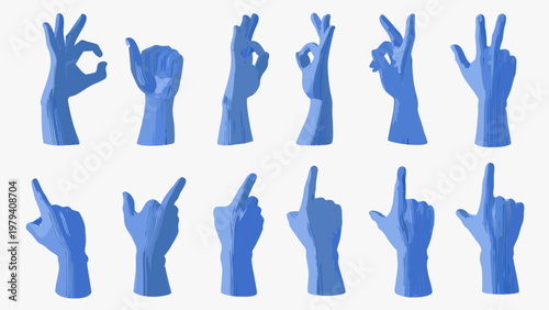 Collection of blue 3d rendered hands displaying various hand gestures