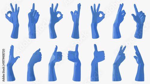 Collection of blue stylized human hands displaying various hand gestures