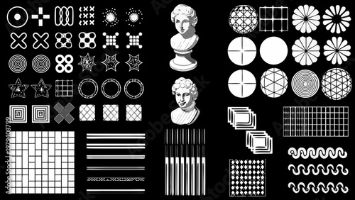 Geometric patterns and classical busts on a black background