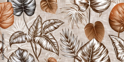 Tropical foliage leaves creating botanical seamless pattern design