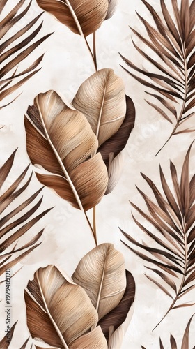 Tropical botanical brown leaves seamless pattern background