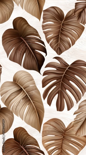 Tropical monstera leaves pattern in earth tones