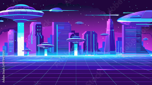 Futuristic cityscape with flying saucers and neon grid floor