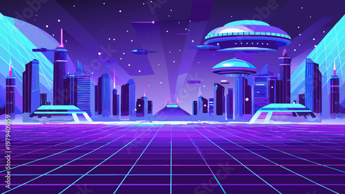 Retro futuristic cityscape with glowing neon lights and flying vehicles