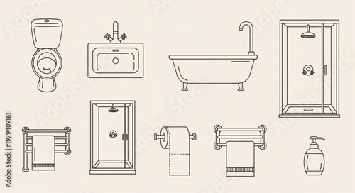 Collection of Bathroom Fixtures and Accessories Line Art.