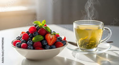 Fresh mixed berries bowl with hot herbal tea on modern tabletop for healthy breakfast lifestyle