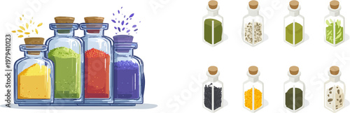 A symmetrical flat vector arrangement of spice jars filled with vibrant grains in ochre, tan, purple, red, and green, set against a minimalist white background