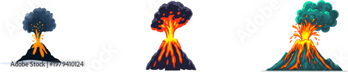 A stylized volcanic eruption features a dramatic burst of orange lava and dark grey smoke clouds against a clean white background
