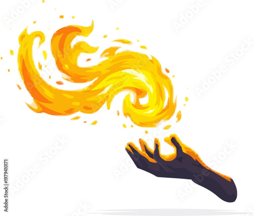A stylized flat vector illustration of a fire mages hand, swirling crimson and gold flames in a minimalist 2D design with solid warm colors, evoking the essence of fantasy artistry