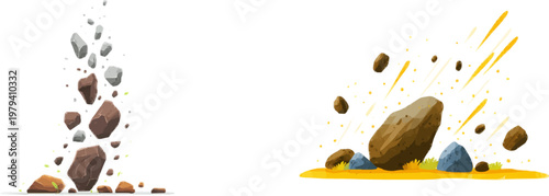 A dynamic scene unfolds as multiple varying-sized rocks, ranging from brown to grey, break apart into dust trails and flying particles against a stark white background