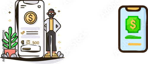 A sleek mobile banking app screen showcases a clean, flat vector illustration of a smartphone with a muted blue and grey palette, displaying a balance of $2,500 and a transaction list, surrounded by