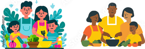 In a modern kitchen scene, a happy family of four is gathered around a table adorned with fresh vegetables, smiling and enjoying their time together in this warm, minimalist setting