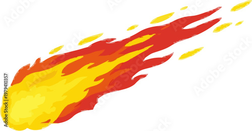 A minimalist flat illustration of a meteor shower features multiple parallel orange and yellow streaks against a white background, with clean geometric shapes and warm colors, creating an abstract