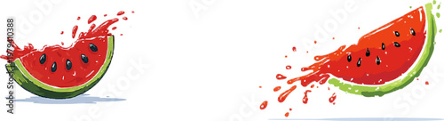 A vibrant slice of watermelon bursts with juicy red flesh and black seeds, splashing against a minimalist white background in a playful summer illustration