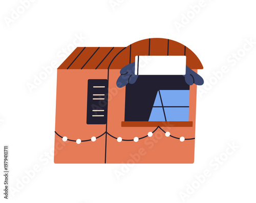 Little stall in funfair with fast food and drinks. Chalet with counter in fair. Kiosk decorated with garland. Booth, market in amusement park. Flat isolated vector illustration on white background