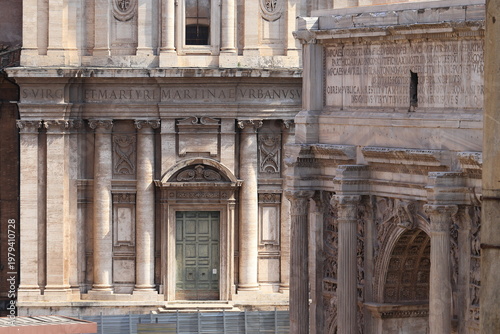 Photography Arch of Septimius Severus Detail with Santi Luca e Martina Church Facade at the
