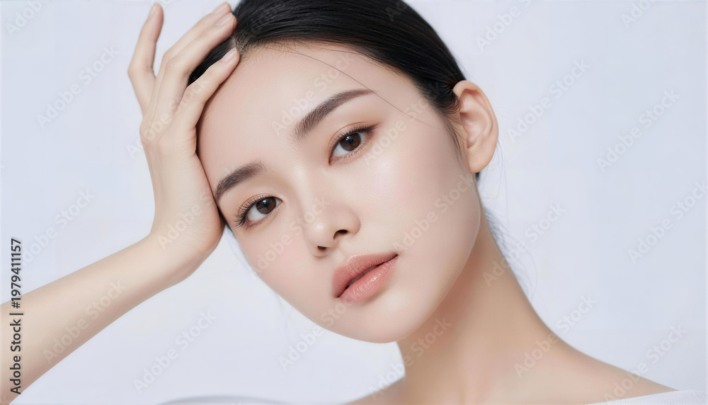 Naklejka premium 額に手を添える若い女性の美しいポートレート