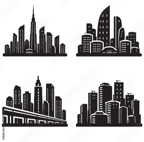 Black silhouette icons of historical landmarks featuring Mayan pyramid Roman Colosseum classical temple ruins and triumphal arch in minimalist design