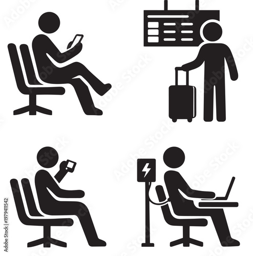 Black silhouette icons of travel and tourism activities featuring photographer with camera backpacker taking photo traveler with suitcase and adventurer raising arms before mountains in minimalist des