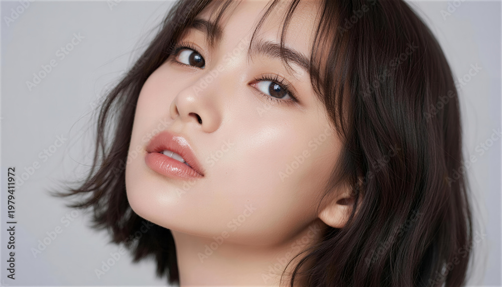 Naklejka premium 首を傾げて見上げる美しい若い女性のポートレート