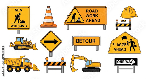 Construction Site Road Work Signs and Equipment Collection.