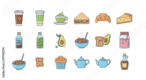 Colorful food and drink icons set.