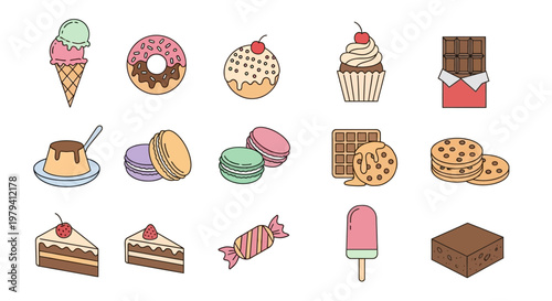 Colorful assorted sweet dessert icons.