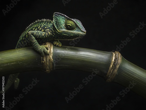 Vibrant Green Chameleon on Bamboo with Striking Details