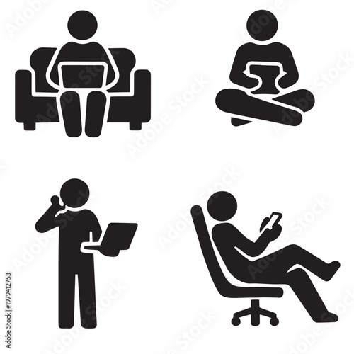Black silhouette icons of everyday technology use featuring person on couch with laptop cross-legged tablet user standing with phone and reclining figure with smartphone in minimalist design