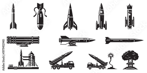 Missile rocket and military weapon silhouettes for defense industry infographics and global news reports