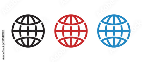 Globe icon set in outline style in black red and blue