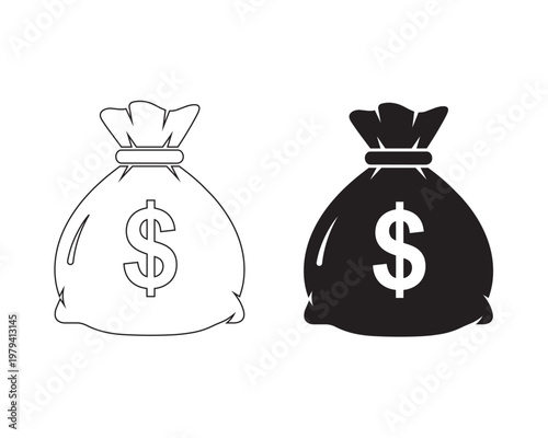 Money bag icon set line art and solid fill variations