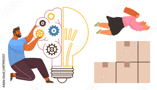 Creativity, teamwork, innovation, problem-solving, business growth, logistics. A man fixes gears in a lightbulb, woman flying and stacked boxes. Creativity and teamwork concept