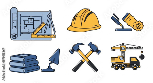 Construction tools and blueprints illustration.