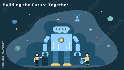 Children collaborating with a robot in a futuristic space themed setting