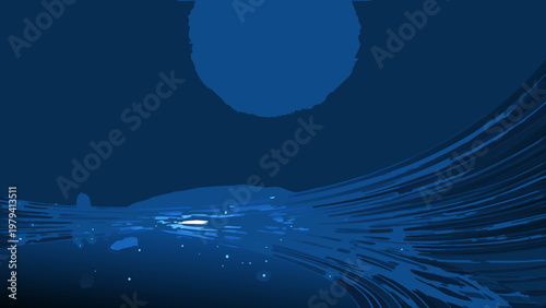 A minimalist depiction of a moonlit seascape with waves and reflections