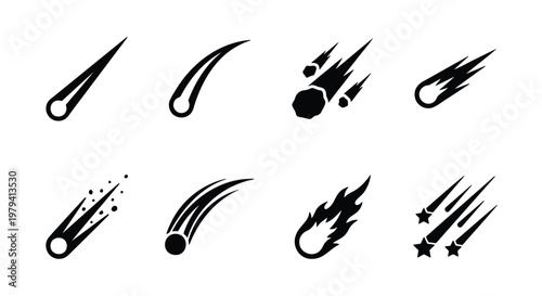 Meteorite icon set, falling comet vector, black asteroid symbols collection