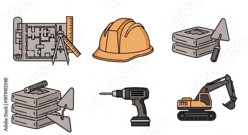 Construction Tools and Blueprints Set.