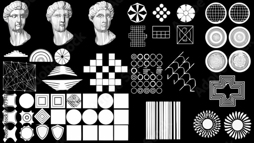 Classical busts and geometric shapes arranged on a black background