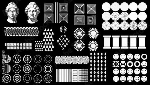 Collection of optical illusions geometric patterns and classical busts