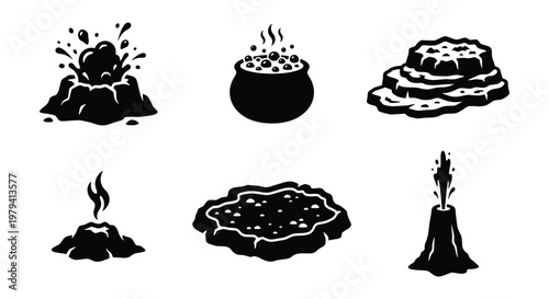 Geothermal volcanic icons set, hot spring and geyser vector, 6 elements