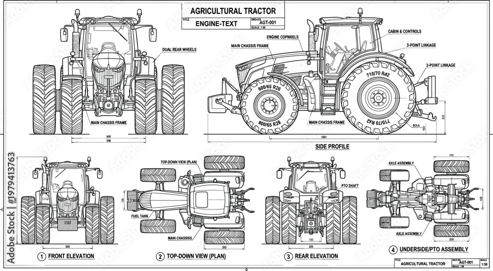 Obraz premium Agricultural tractor engineering diagram with engine text annotations multiple views and detailed farm machinery blueprint line illustration