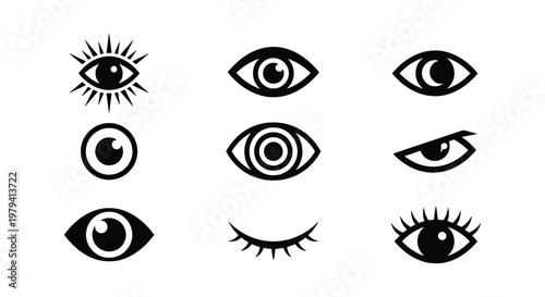 Mystic eye icons set, black occult eyeball symbols, 9 vector elements