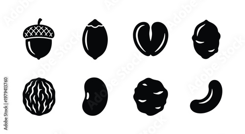 Minimalist nut icons, 8 black seed vector set, organic food symbols