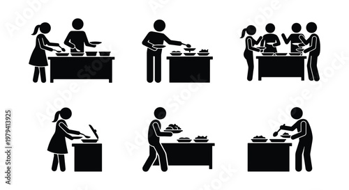 Buffet catering icons, people serving food at self service station vector
