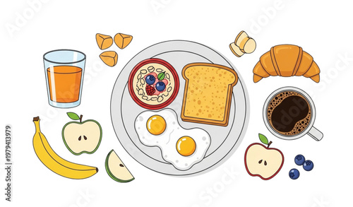 Healthy breakfast vector set with eggs toast fruits and coffee morning meal