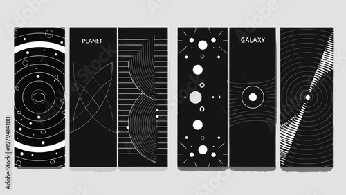 Abstract black and white panels depicting planets galaxies and cosmic patterns