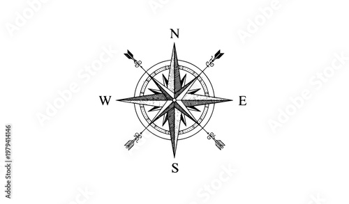 Abstract compass star vector with vintage blue line art and navigation arrows