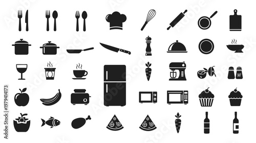 Kitchen and culinary equipment icons set for cooking and restaurant branding projects